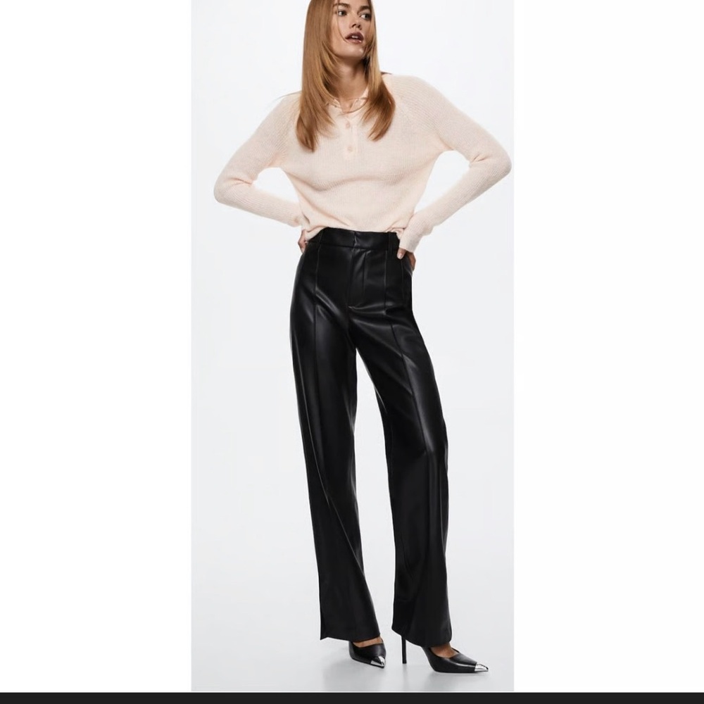 Mango Black Wide Leg Pants faux leather split hem